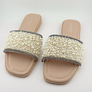 New Women's Jeweled Rhinestone Pearl Slide Flat Jelly Sandal Open Toe - Size 6.5